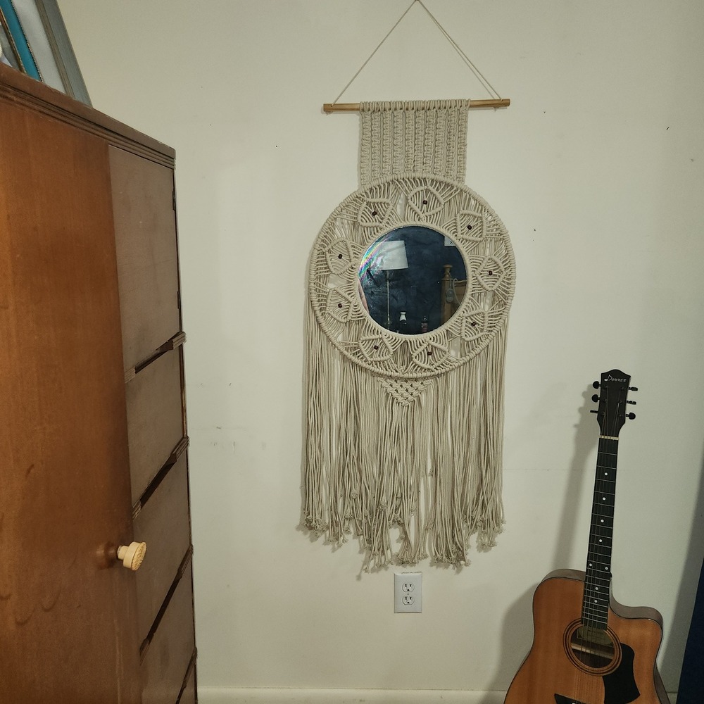 Large Boho Macrame Wall Hanging Mirror Cream Cotton Fringe 20x58 Wood Bead Decor